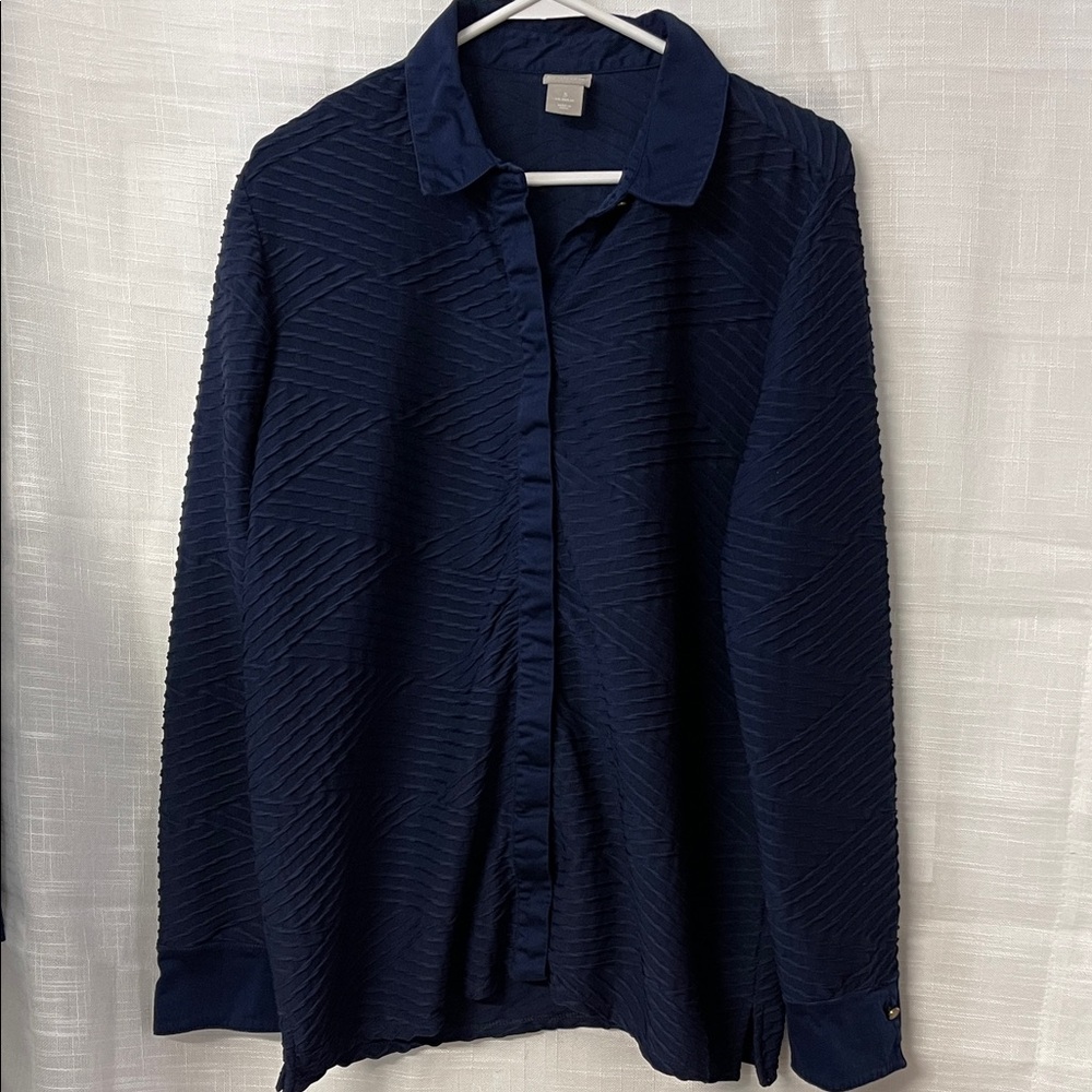 Chico’s Textured Blue Button-Up Shirt Size 3, XL